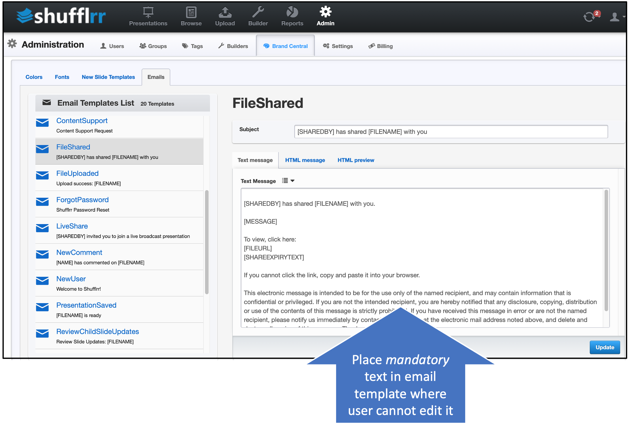 Using an email template for required text