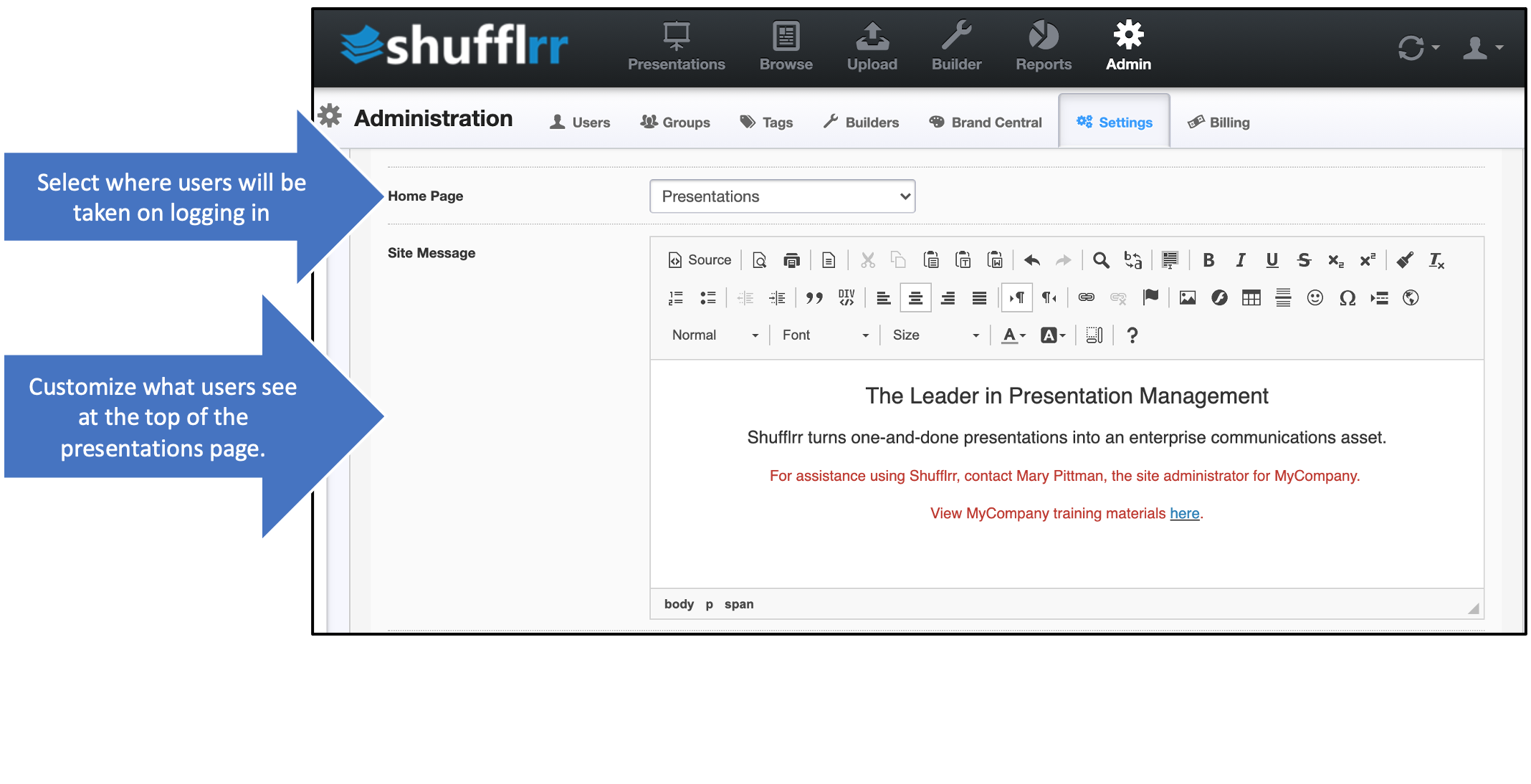 Customizing the home page