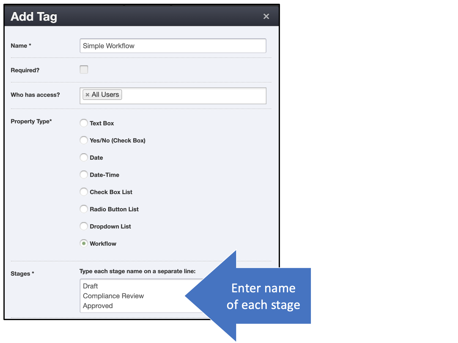 Entering names of workflow stages