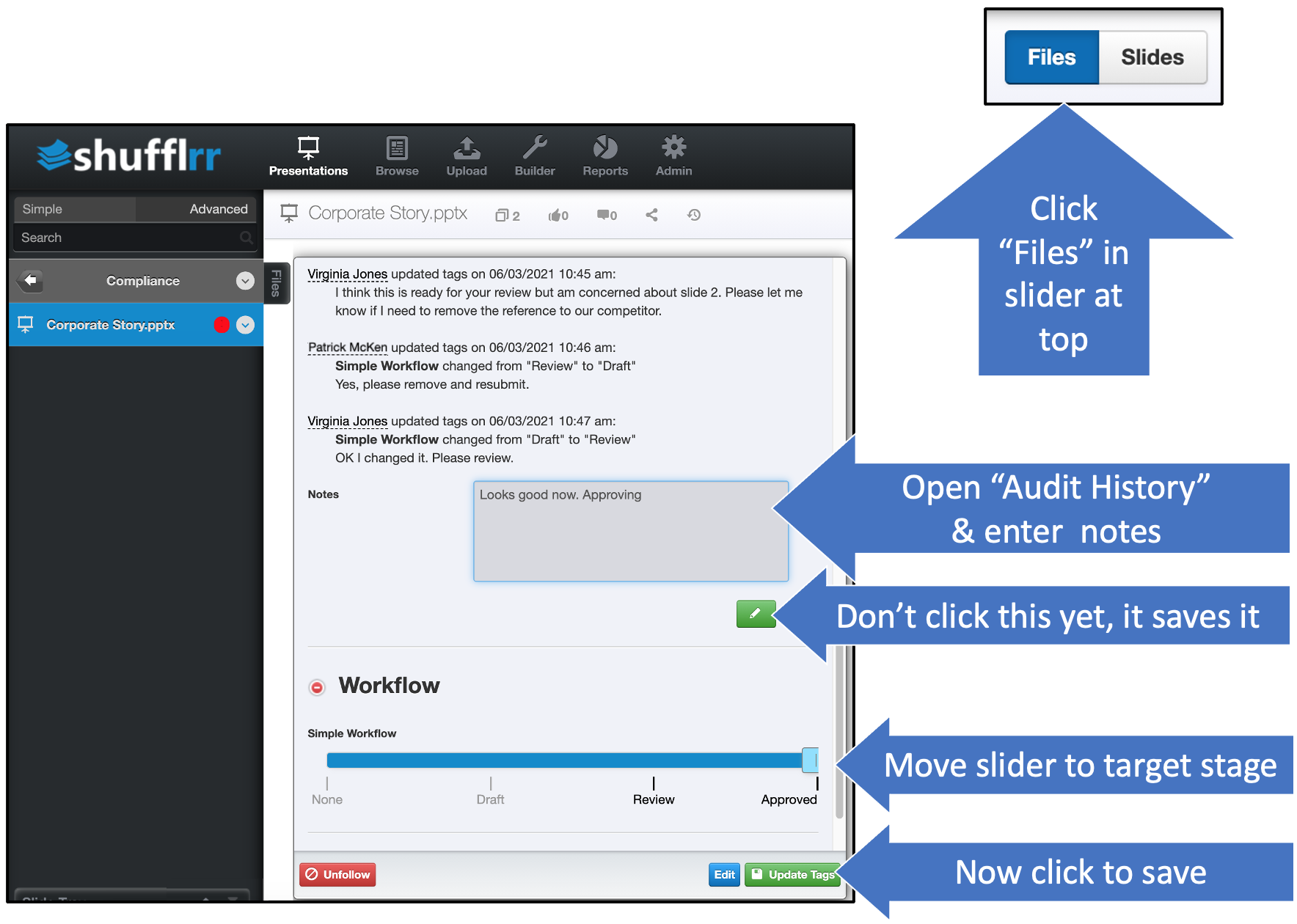 Adding comments when moving a file to a different workflow stage