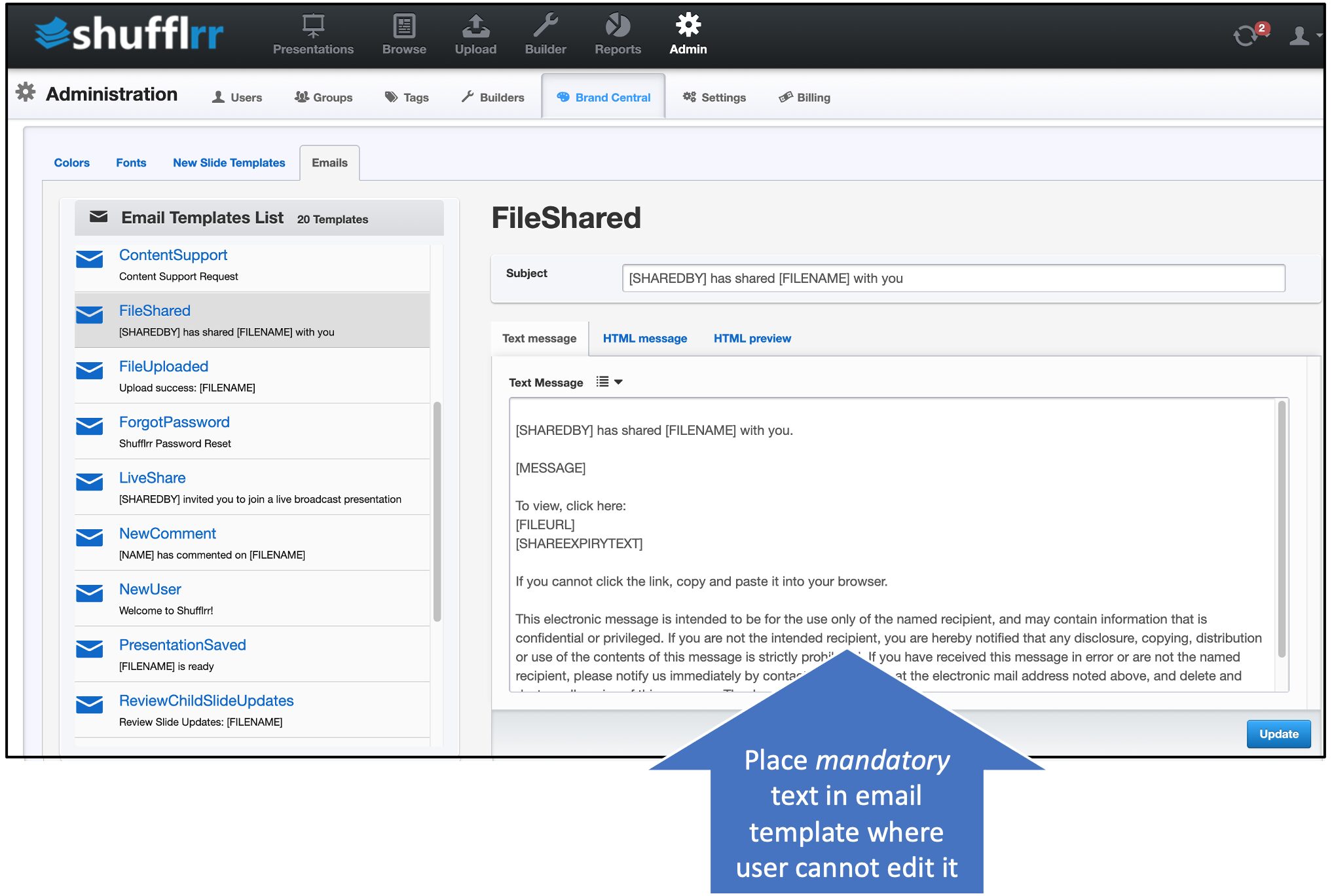 Using an email template for required text